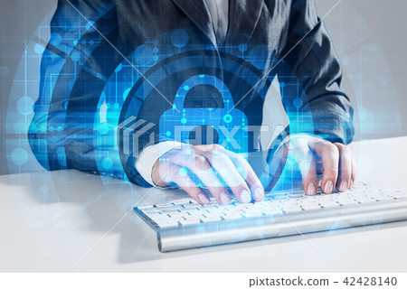 Internet security concept with woman typing password on keyboard 42428140