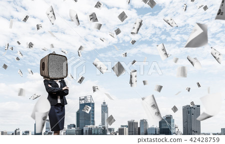 Business woman with old TV instead of head. Business woman with old TV instead of head. 42428759