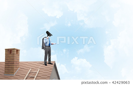 Concept of home security and privacy protection with camera headed man Concept of home security and privacy protection with camera headed man 42429063