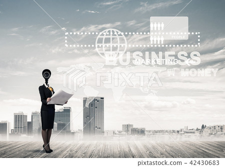 Concept of security and privacy protection with camera headed woman Concept of security and privacy protection with camera headed woman 42430683