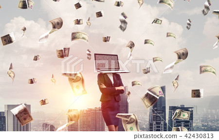 Business woman with laptop instead of head. 42430813