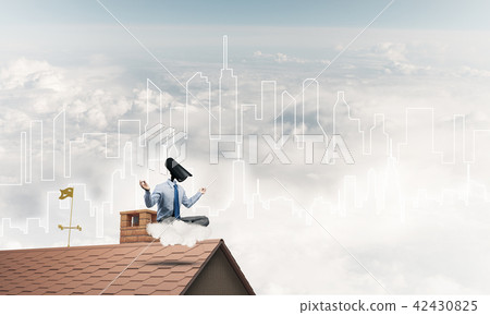 Concept of security and privacy protection with camera headed man meditating 42430825