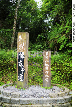 View of the ancient walking trail, sign board, tree forest, Taiwan, Yilan county, Datong township, grassland View of the ancient walking trail, sign board, tree forest, Taiwan, Yilan county, Datong township, grassland 42433501