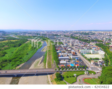 Aerial photograph taken over the Tama river - Aerial view with the drone (Tama River green area Fukuoka South Park / Tokyo Metropolitan Fussa City Minamidaden) 42434822