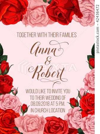 Wedding invitation card with rose flower border Wedding invitation card with rose flower border 42436472