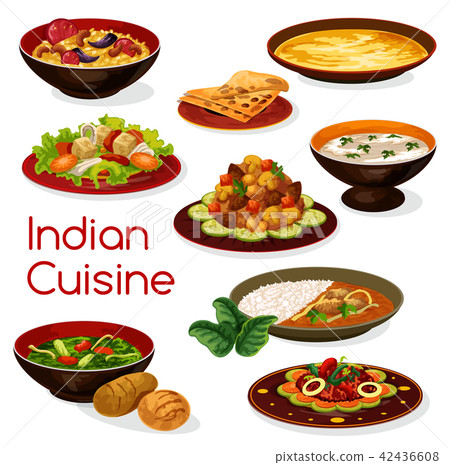 Indian cuisine meal icons and dishes 42436608