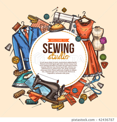 Sewing studio sketch poster for tailor shop - Stock Illustration ...