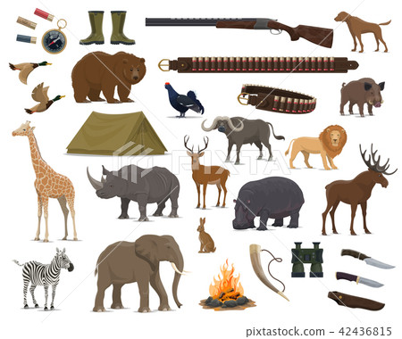 Hunting sport weapon, wild animals and bird icons Hunting sport weapon, wild animals and bird icons 42436815