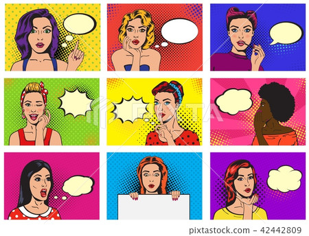 Comic woman vector popart cartoon girl character speaking bubble speech or comicgirl illustration Comic woman vector popart cartoon girl character speaking bubble speech or comicgirl illustration 42442809