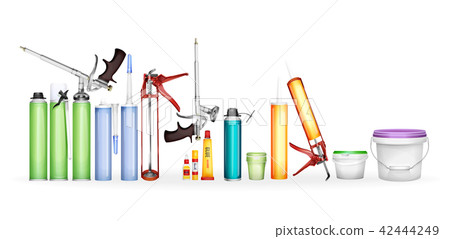 Construction foam, silicone sealant, glue and paint illustration of 3D realistic bottles and 42444249