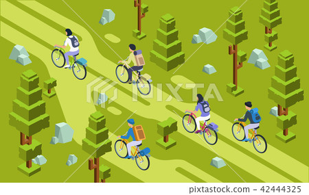 isometric tourists group bicycling forest isometric tourists group bicycling forest 42444325