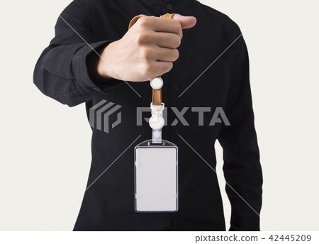 employee hand showing blank id name card employee hand showing blank id name card 42445209