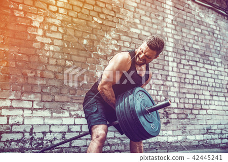 Athletic man working out with a barbell. Strength and motivation. Exercise for the muscles of the 42445241