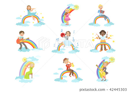 Kids Playing Music Instruments With Rainbow And Clouds Decoration Kids Playing Music Instruments With Rainbow And Clouds Decoration 42445303