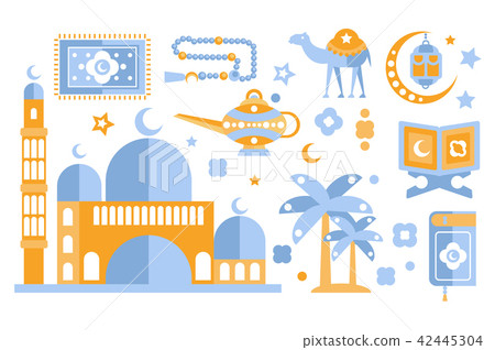 Islamic culture color icons set. Muslim attributes. Religion symbolism. Isolated vector Islamic culture color icons set. Muslim attributes. Religion symbolism. Isolated vector 42445304