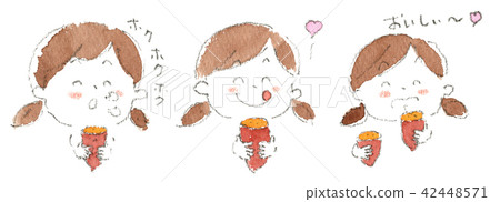 Illustration of a woman holding a roasted sweet potato and making a happy face 42448571