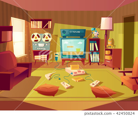 Vector cartoon retro room with video games Vector cartoon retro room with video games 42450824