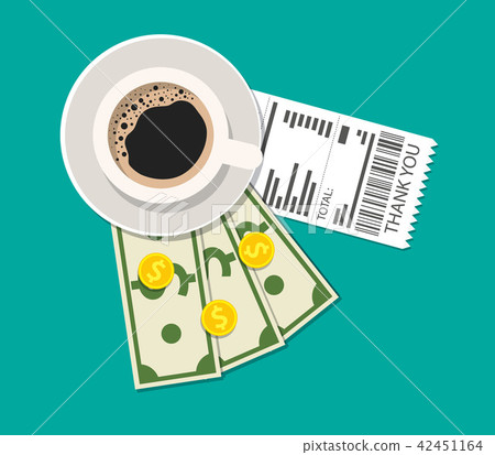 Cup with coffee, cash and coins, cashier check. Cup with coffee, cash and coins, cashier check. 42451164