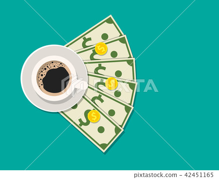 Cup with coffee, cash and coins Cup with coffee, cash and coins 42451165