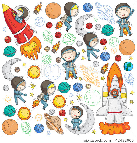 Space for children. Kids and cosmos exploration. Adventures, planets, stars. Earth and Moon. Rocket 42452006
