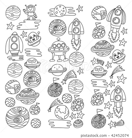 Vector doodle pattern with space icons. Children, kindergarten illustration. Kids drawing style Vector doodle pattern with space icons. Children, kindergarten illustration. Kids drawing style 42452074