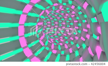 Sci-fi illustration of a flight through tunnel. Neon tube 3D render design Sci-fi illustration of a flight through tunnel. Neon tube 3D render design 42456804
