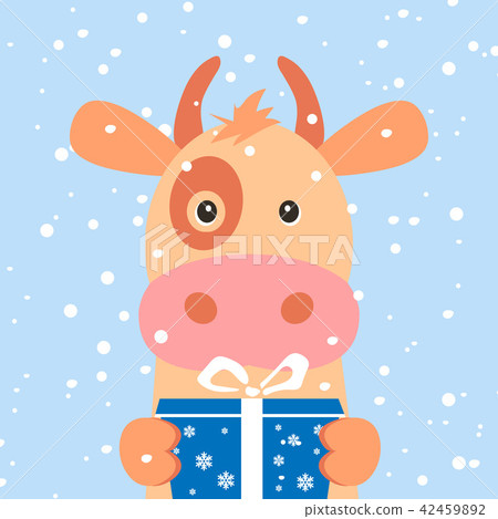 Christmas card. Portrait of cow with gift box, snowflake. Funny cartoon face of a cow. Vector Christmas card. Portrait of cow with gift box, snowflake. Funny cartoon face of a cow. Vector 42459892