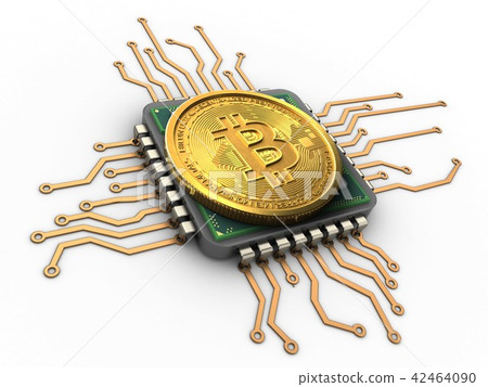 3d illustration of bitcoin with computer chip 42464090