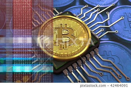 3d illustration of bitcoin with computer chip 42464091
