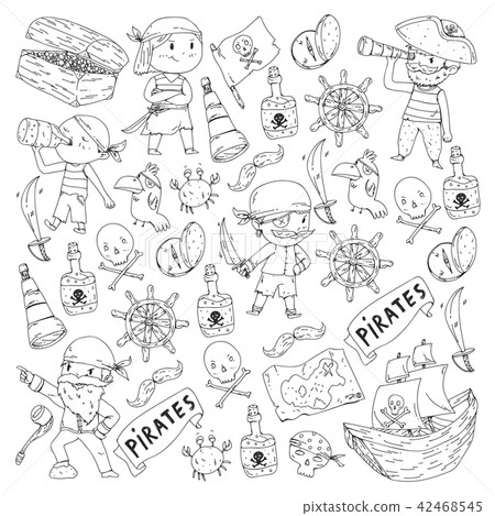 Coloring book with pirates. Pirate sea party background for children, little kids. Travel and 42468545