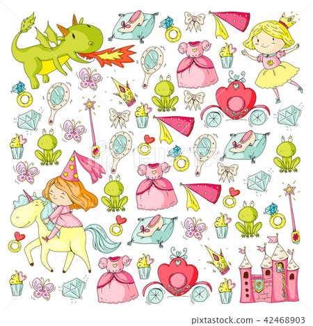 Princess vector patterns. Cute little princess with unicorn and dragon. Castle for little girl 42468903