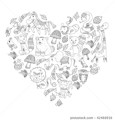 Pattern with cute forest and jungle animals. Fox, tiger, lion, zebra, bear, bird, parrot, snake Pattern with cute forest and jungle animals. Fox, tiger, lion, zebra, bear, bird, parrot, snake 42468916
