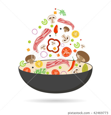 Wok pan, tomato, paprika, pepper, mushroom and bacon. Asian food. Flying vegetables with pork bacon 42469773