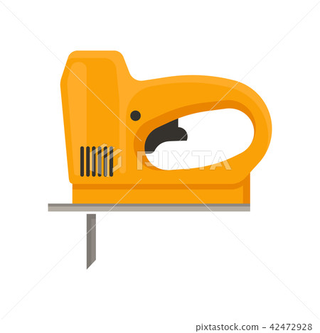 Orange electric jigsaw. Hand tool with fine sharp blade for woodwork. Flat vector for promo poster 42472928
