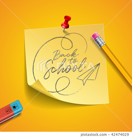 Back to school design with graphite pencil, eraser and sticky notes on yellow background. Vector 42474029