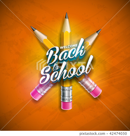 Back to school design with graphite pencil and lettering on orange background. Vector illustration 42474030