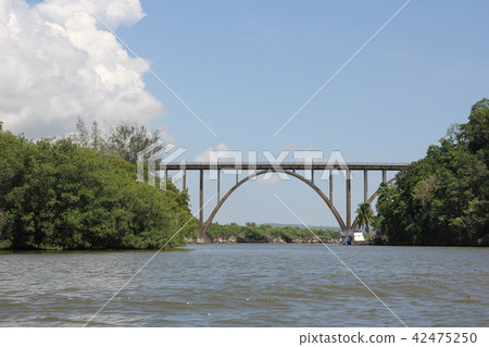 Very high arched bridge over a wide river 42475250