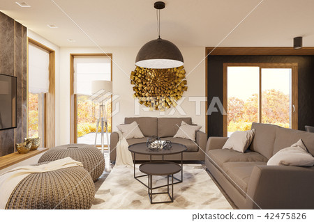 3d render modern living room interior design with big panoramic windows 42475826