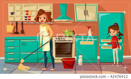 cartoon mother daughter cleaning together cartoon mother daughter cleaning together 42476412