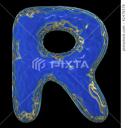 Golden shining metallic 3D with blue paint symbol capital letter R - uppercase isolated on black. 3d Golden shining metallic 3D with blue paint symbol capital letter R - uppercase isolated on black. 3d 42476576