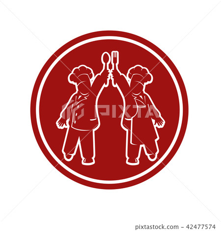 Red round badge with chief cooks outline Red round badge with chief cooks outline 42477574
