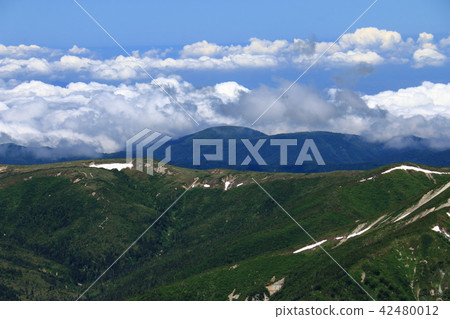 北阿爾卑斯山Mt. Kurokidake（Kurodake）山脈從山頂Tarohira遙遠的看法 42480012