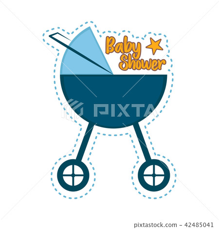 Baby shower label with a baby stroller Baby shower label with a baby stroller 42485041