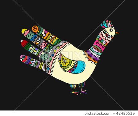 Bird shape made from hand palm and fingers, ornate sketch for your design. 42486539