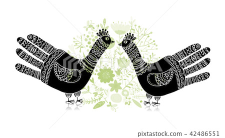 Bird shape made from hand palm and fingers, ornate sketch for your design. 42486551