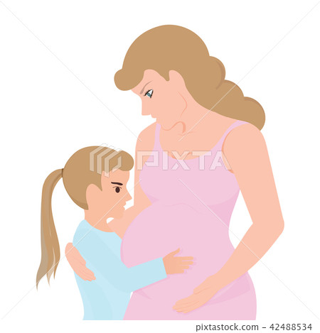 Little girl touching her pregnant mom belly. Little girl touching her pregnant mom belly. 42488534
