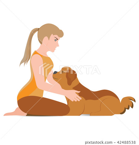 Young girl sitting on ground and petting happy dog 42488538