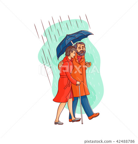 Vector senior old couple walking under umbrella Vector senior old couple walking under umbrella 42488786