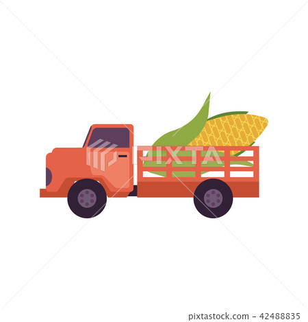 Flat farmer truck pickup delivering harvest food Flat farmer truck pickup delivering harvest food 42488835