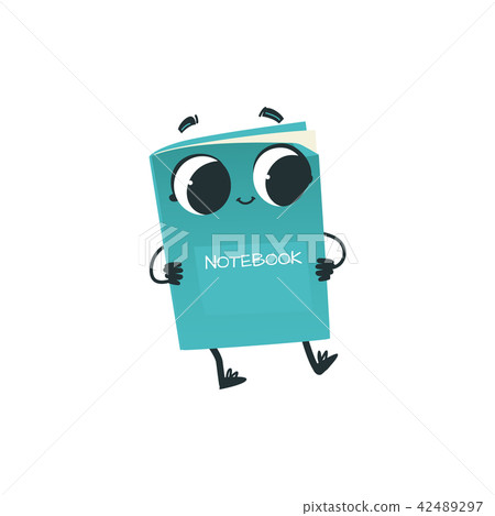 Cute green notebook cartoon character dancing with hands in sides isolated on white background. Cute green notebook cartoon character dancing with hands in sides isolated on white background. 42489297